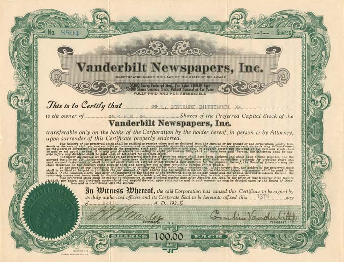 Vanderbilt Newspapers, Inc. signed by Cornelius Vanderbilt III - Stock Certificate